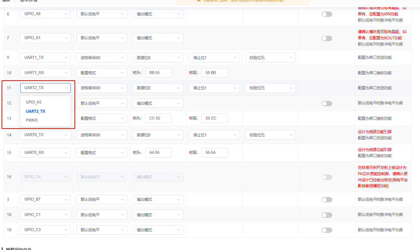 管脚配置对应关系